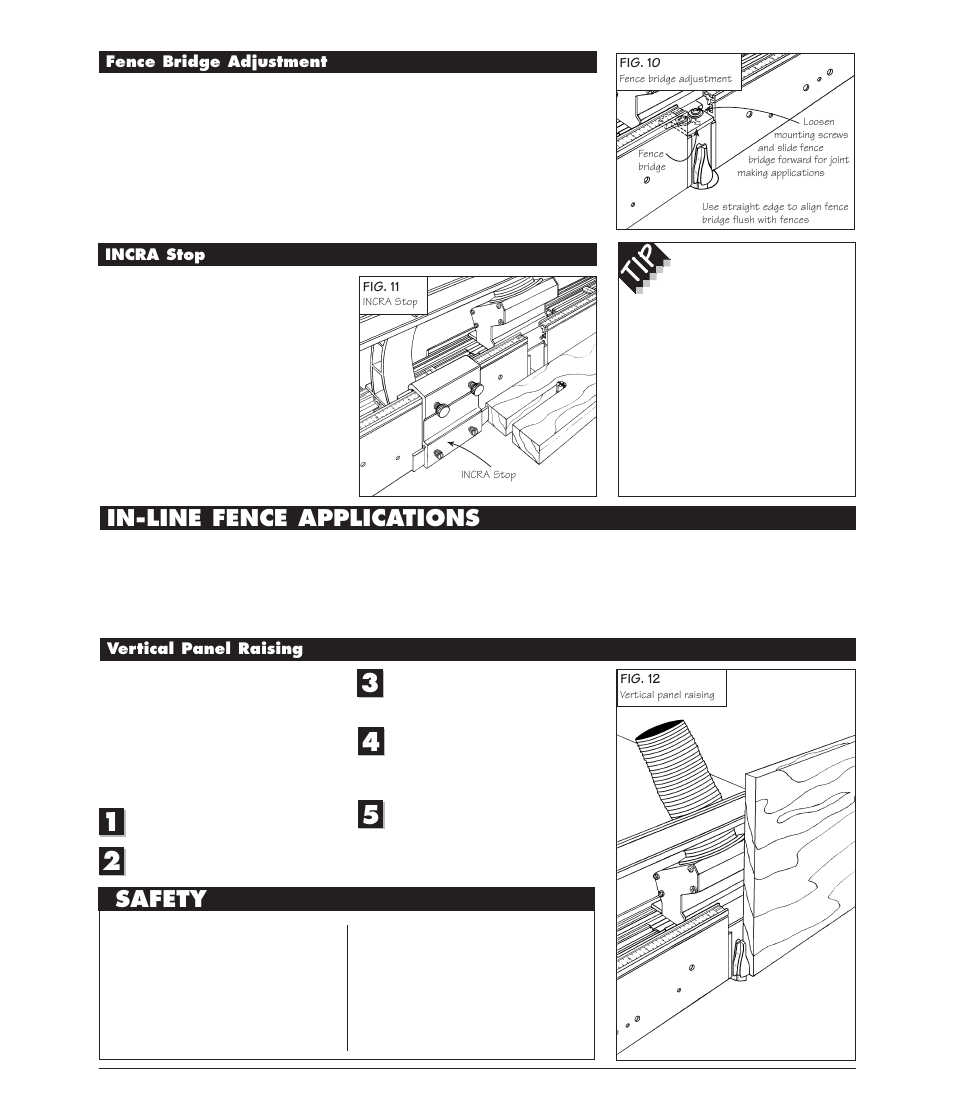 Fence bridge adjustment, Incra stop, In-line fence applications | Vertical panel raising, Safety | INCRA Intelli-Fence User Manual | Page 6 / 8