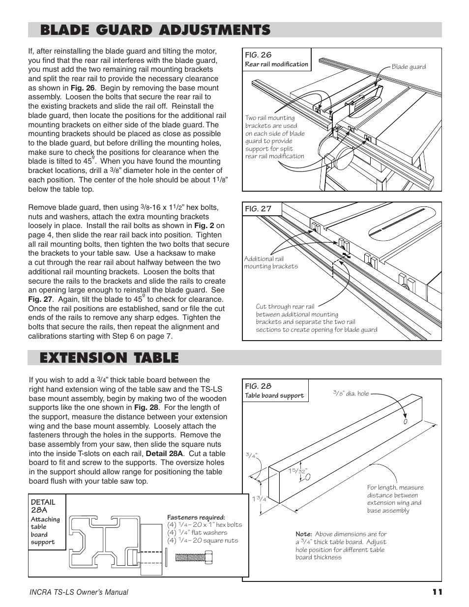 Blade guard adjustments, Extension table | INCRA TS-LS Table Saw Fence User Manual | Page 11 / 12