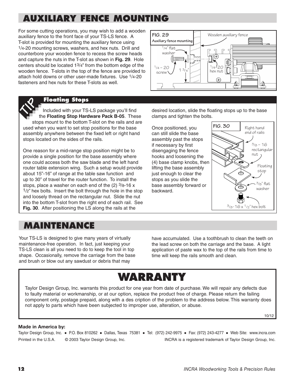 Warranty, Auxiliary fence mounting, Maintenance | INCRA TS-LS Table Saw Fence User Manual | Page 12 / 12