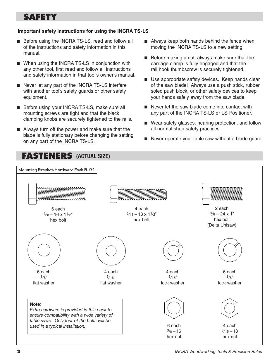 Safety fasteners, Actual size) | INCRA TS-LS Table Saw Fence User Manual | Page 2 / 12