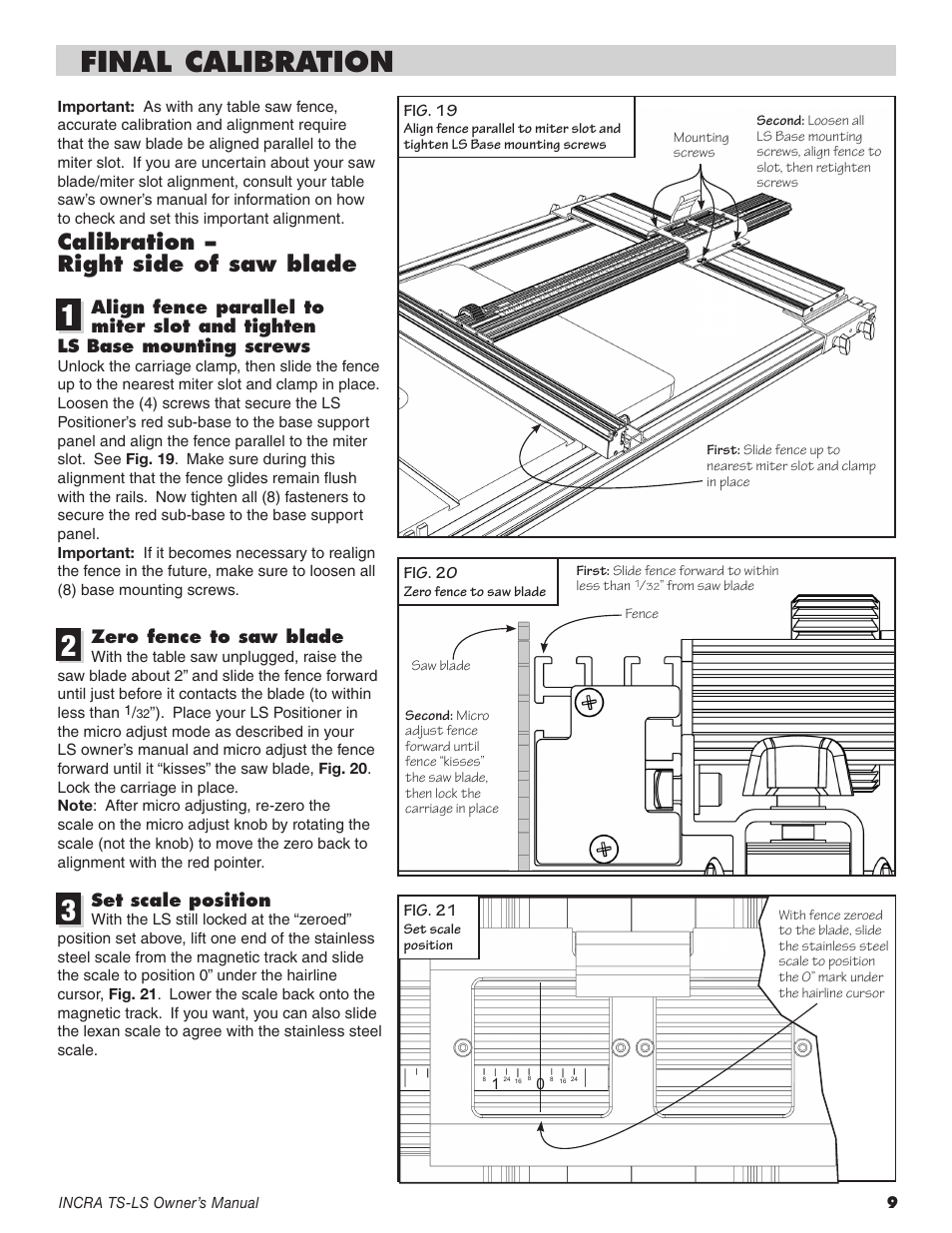 Final calibration, Calibration – right side of saw blade | INCRA TS-LS Table Saw Fence User Manual | Page 9 / 12