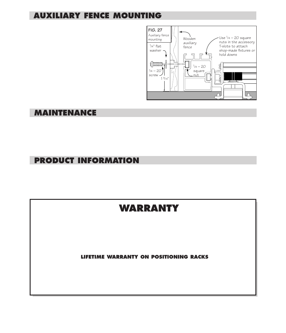 Auxiliary fence mounting, Maintenance, Product information | Warranty | INCRA TS-II Table Saw Fence User Manual | Page 12 / 12