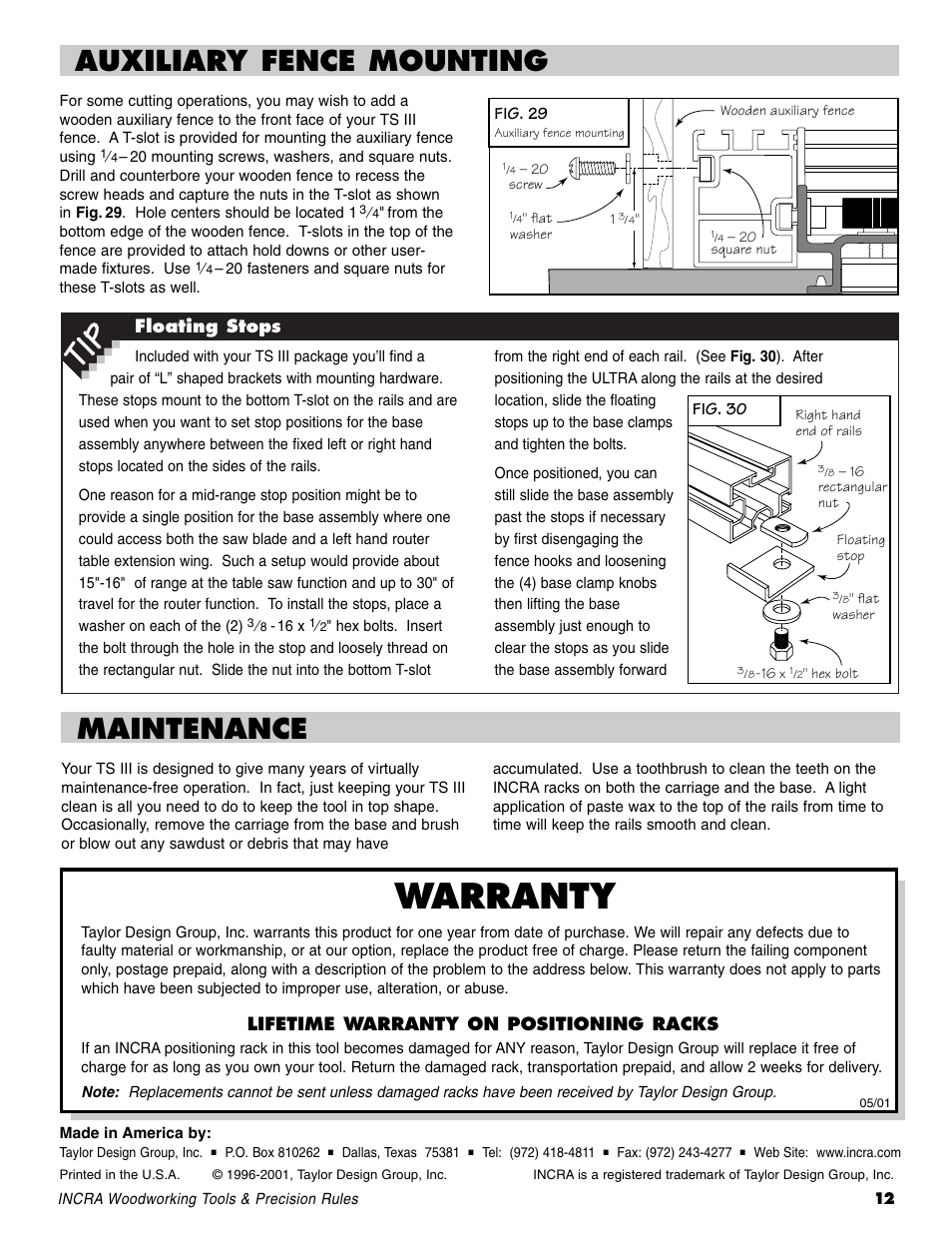 Auxiliary fence mounting, Maintenance, Warranty | INCRA TSIII Table Saw Fence User Manual | Page 12 / 12