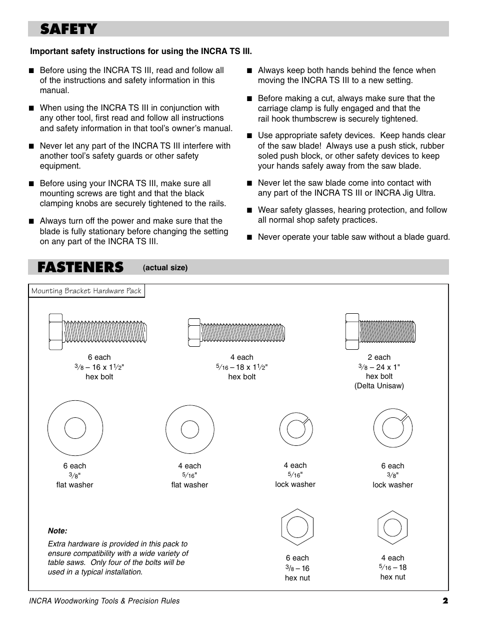 Safety, Safety fasteners | INCRA TSIII Table Saw Fence User Manual | Page 2 / 12