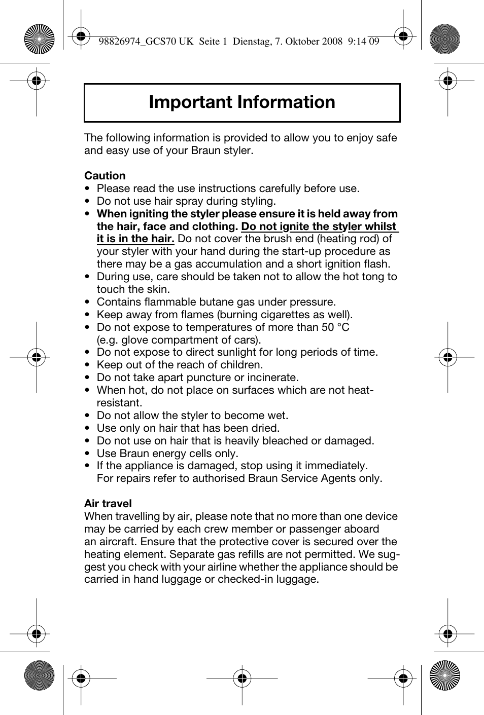 Important information | Braun CORDLESS POCKET STYLER GCS 70 User Manual | Page 2 / 8