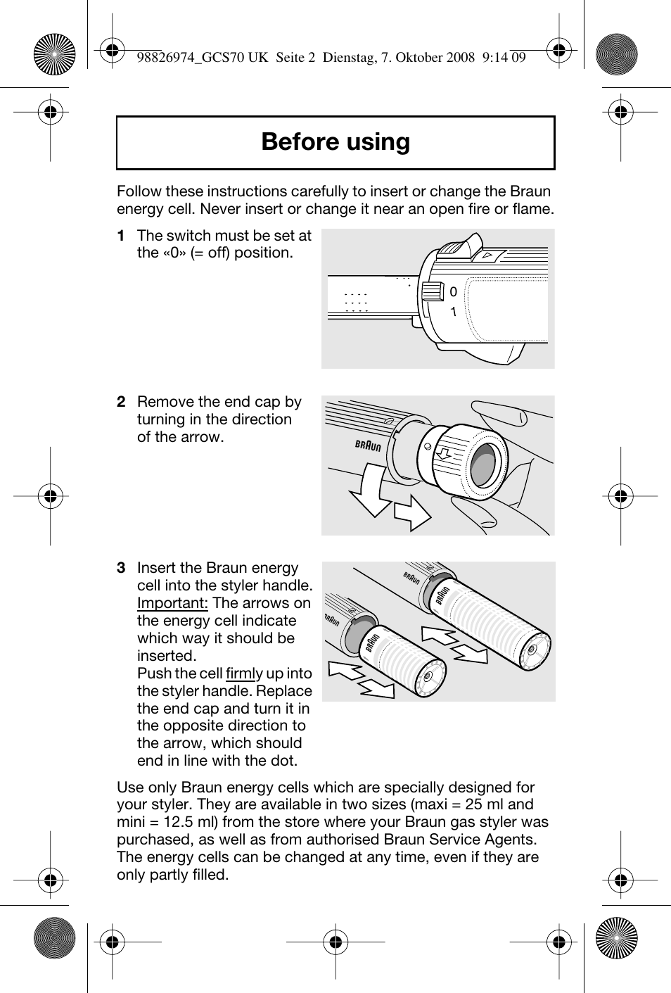 Before using | Braun CORDLESS POCKET STYLER GCS 70 User Manual | Page 3 / 8