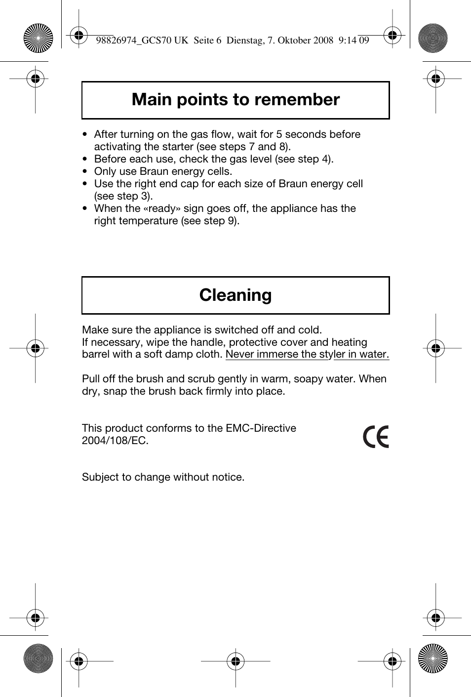 Main points to remember cleaning | Braun CORDLESS POCKET STYLER GCS 70 User Manual | Page 7 / 8