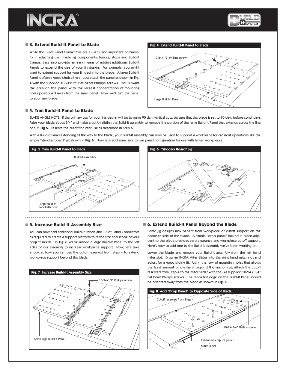 Extend build-it panel to blade, Trim build-it panel to blade, Increase build-it assembly size | Extend build-it panel beyond the blade | INCRA Build-It Panel User Manual | Page 3 / 4