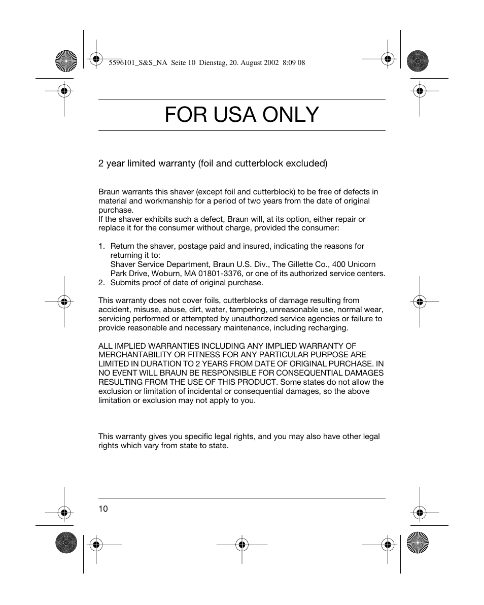 For usa only | Braun 5596 User Manual | Page 10 / 25