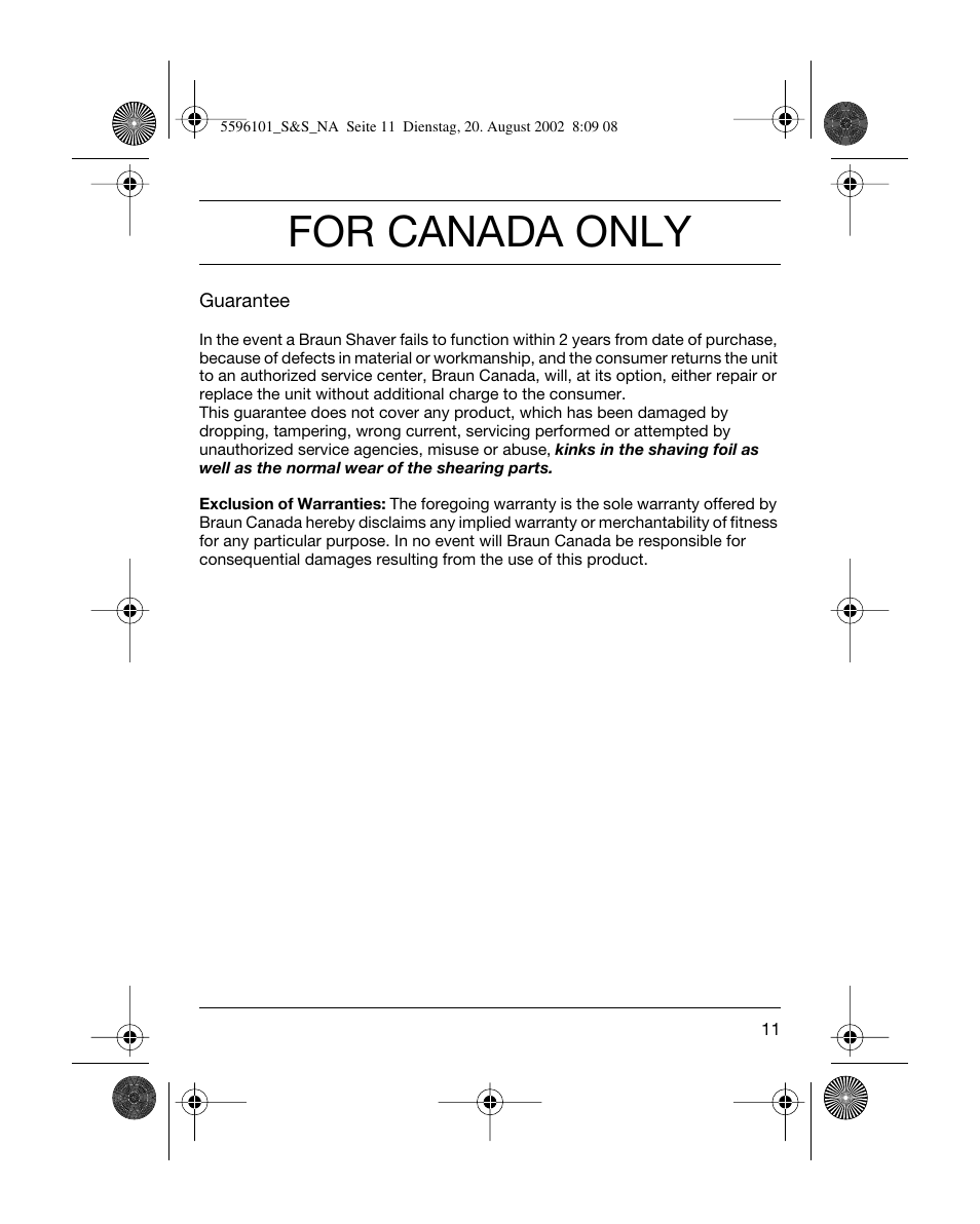 For canada only | Braun 5596 User Manual | Page 11 / 25