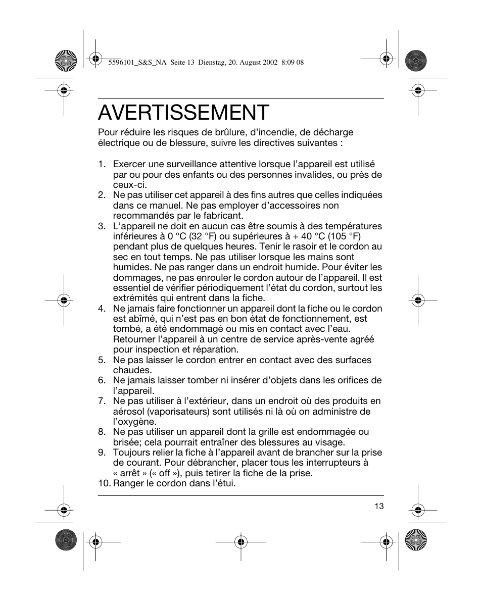 Avertissement | Braun 5596 User Manual | Page 13 / 25