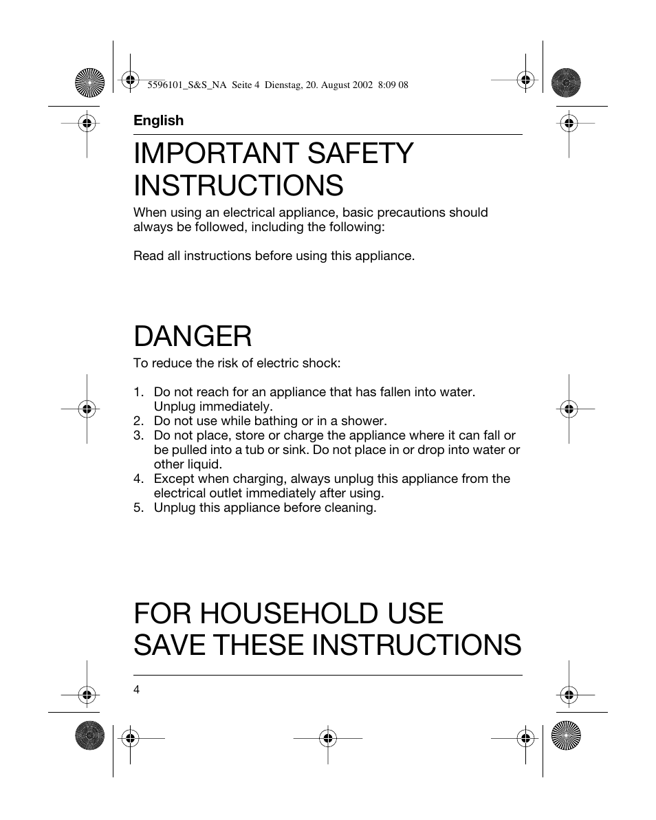 English, Important safety instructions, Danger | For household use save these instructions | Braun 5596 User Manual | Page 4 / 25