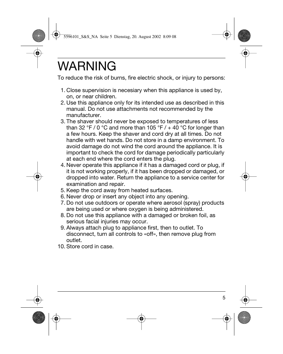 Warning | Braun 5596 User Manual | Page 5 / 25