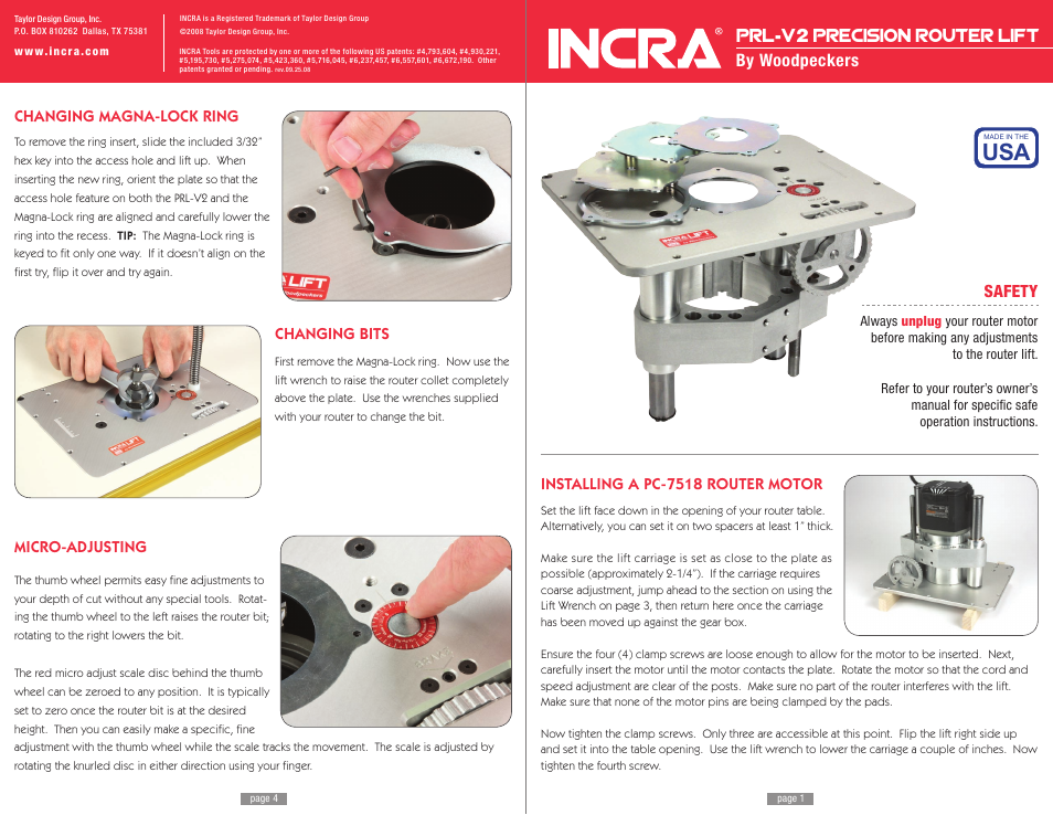 Prl - v 2 precision router lift, By woodpeckers safety | INCRA PRL-V2 Lift User Manual | Page 4 / 4