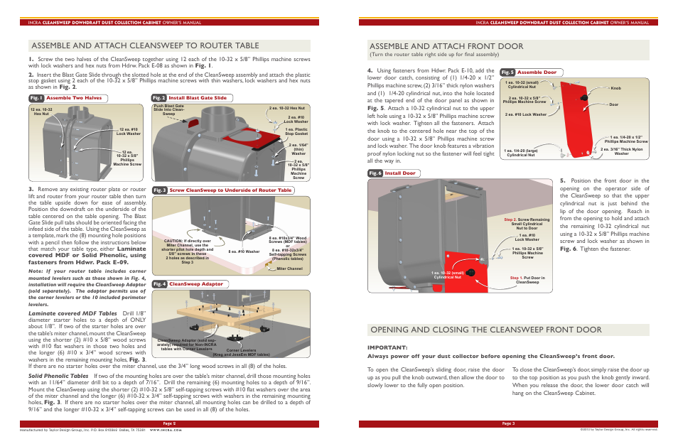 Assemble and attach front door, Assemble and attach cleansweep to router table, Opening and closing the cleansweep front door | INCRA CleanSweep User Manual | Page 2 / 3