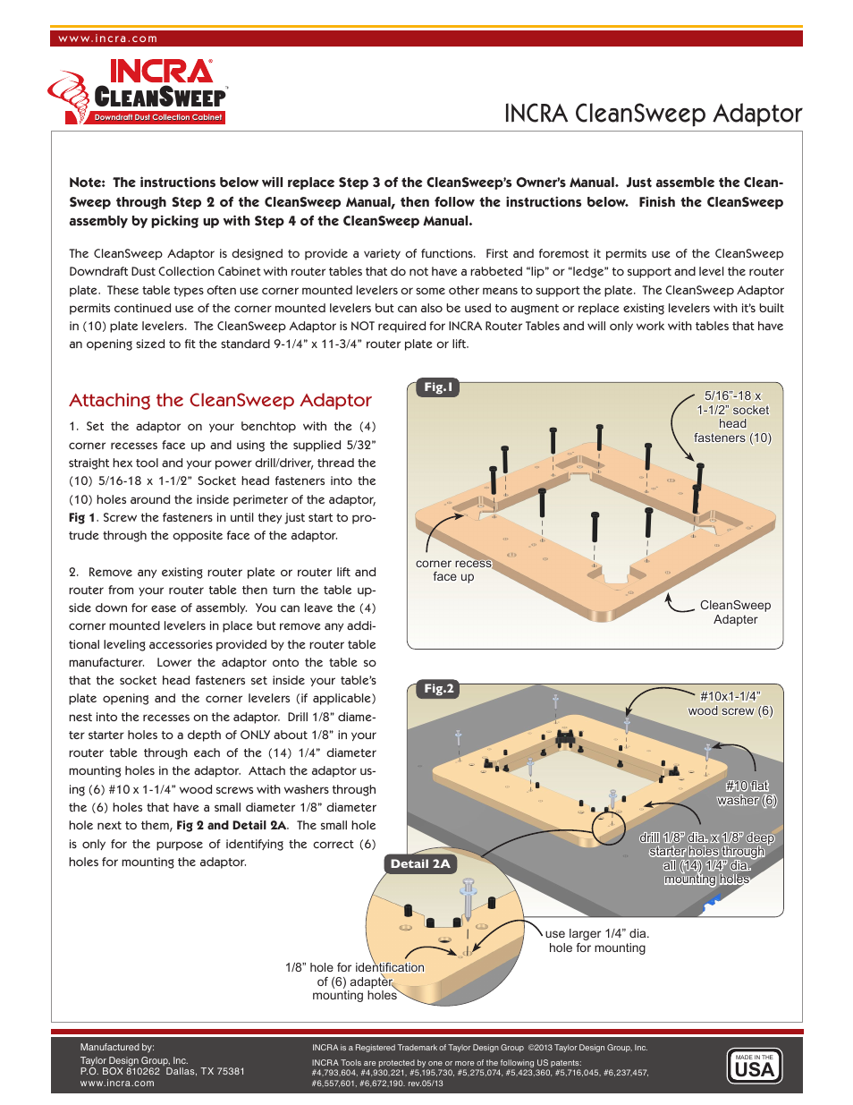 INCRA CleanSweep Adaptor User Manual | 2 pages