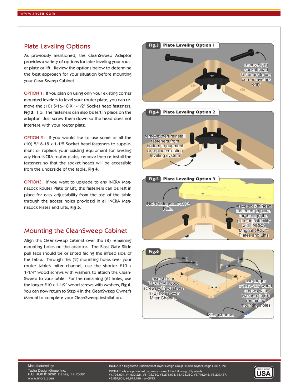 Plate leveling options, Mounting the cleansweep cabinet | INCRA CleanSweep Adaptor User Manual | Page 2 / 2