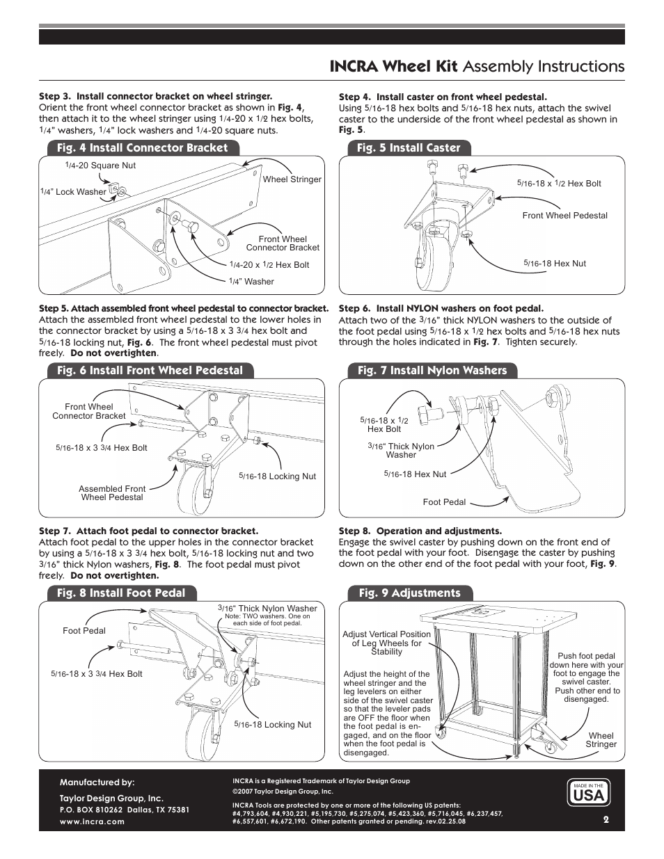 Incra wheel kit assembly instructions, Fig. 8 install foot pedal fig. 9 adjustments | INCRA Wheel Kit(New) User Manual | Page 2 / 2