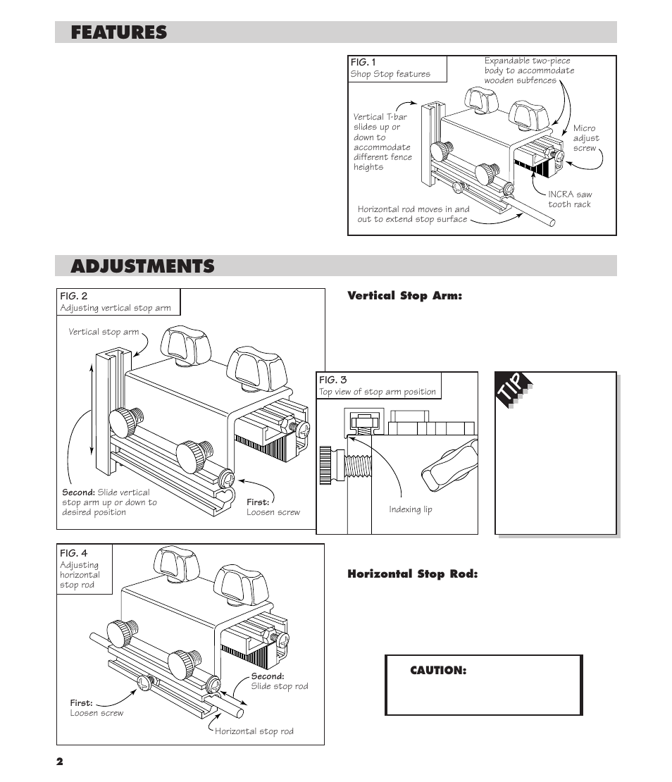 Features, Adjustments | INCRA ShopStop User Manual | Page 2 / 8