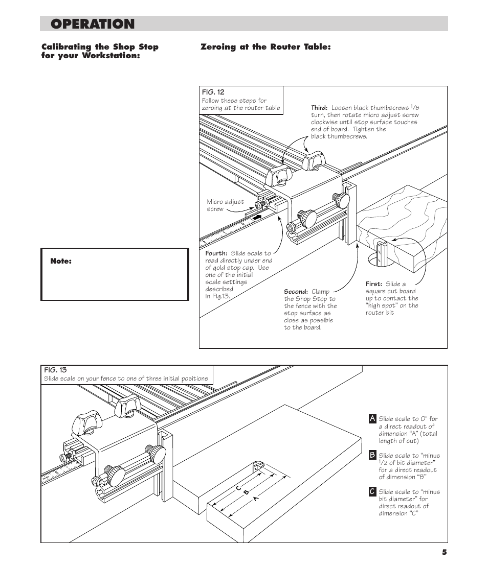 Operation, Calibrating, Zeroing at the router table | INCRA ShopStop User Manual | Page 5 / 8