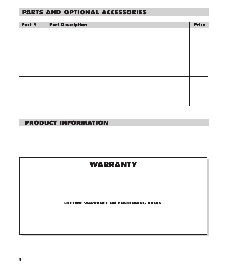 Parts & optional accessories, Product information, Warranty | Parts and optional accessories | INCRA ShopStop User Manual | Page 8 / 8