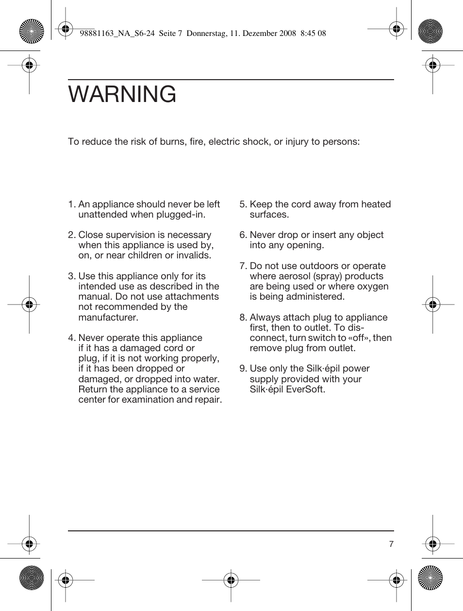 Warning | Braun SILK-EPIL 5316 User Manual | Page 6 / 21