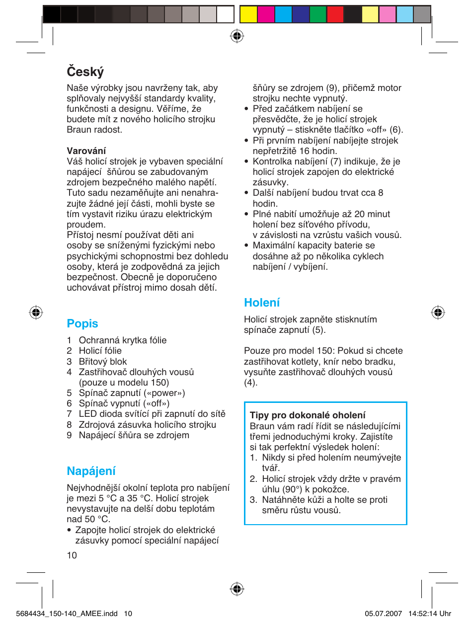 Âesk, Popis, Napájení | Holení | Braun 5684 User Manual | Page 10 / 39