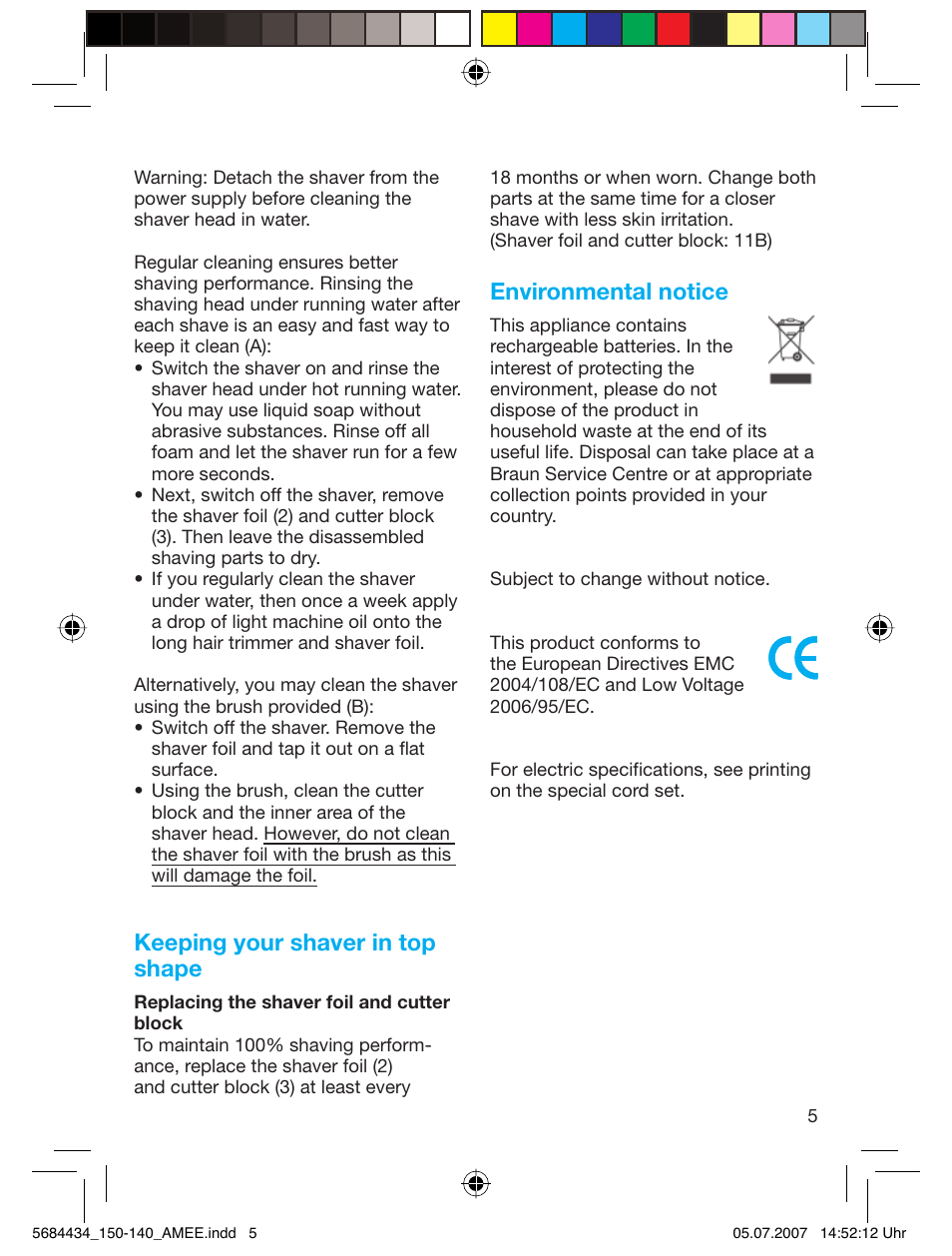 Keeping your shaver in top shape, Environmental notice | Braun 5684 User Manual | Page 5 / 39