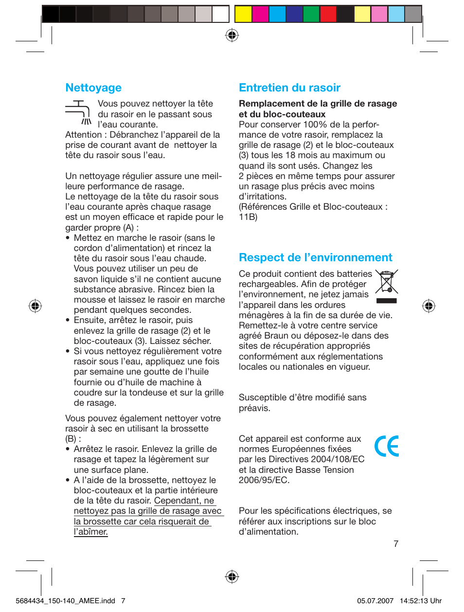 Nettoyage, Entretien du rasoir, Respect de l’environnement | Braun 5684 User Manual | Page 7 / 39