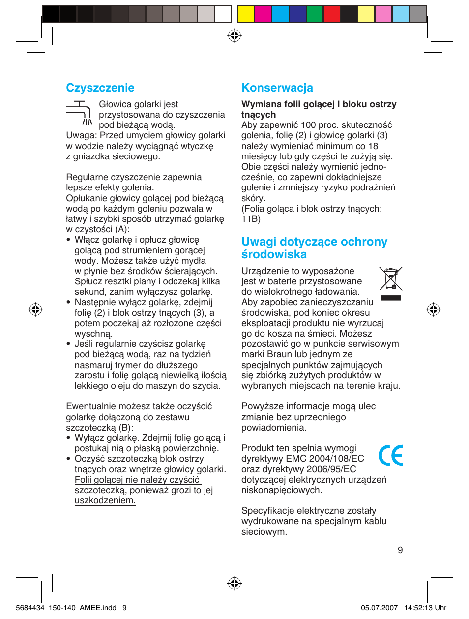 Czyszczenie, Konserwacja, Uwagi dotyczàce ochrony êrodowiska | Braun 5684 User Manual | Page 9 / 39
