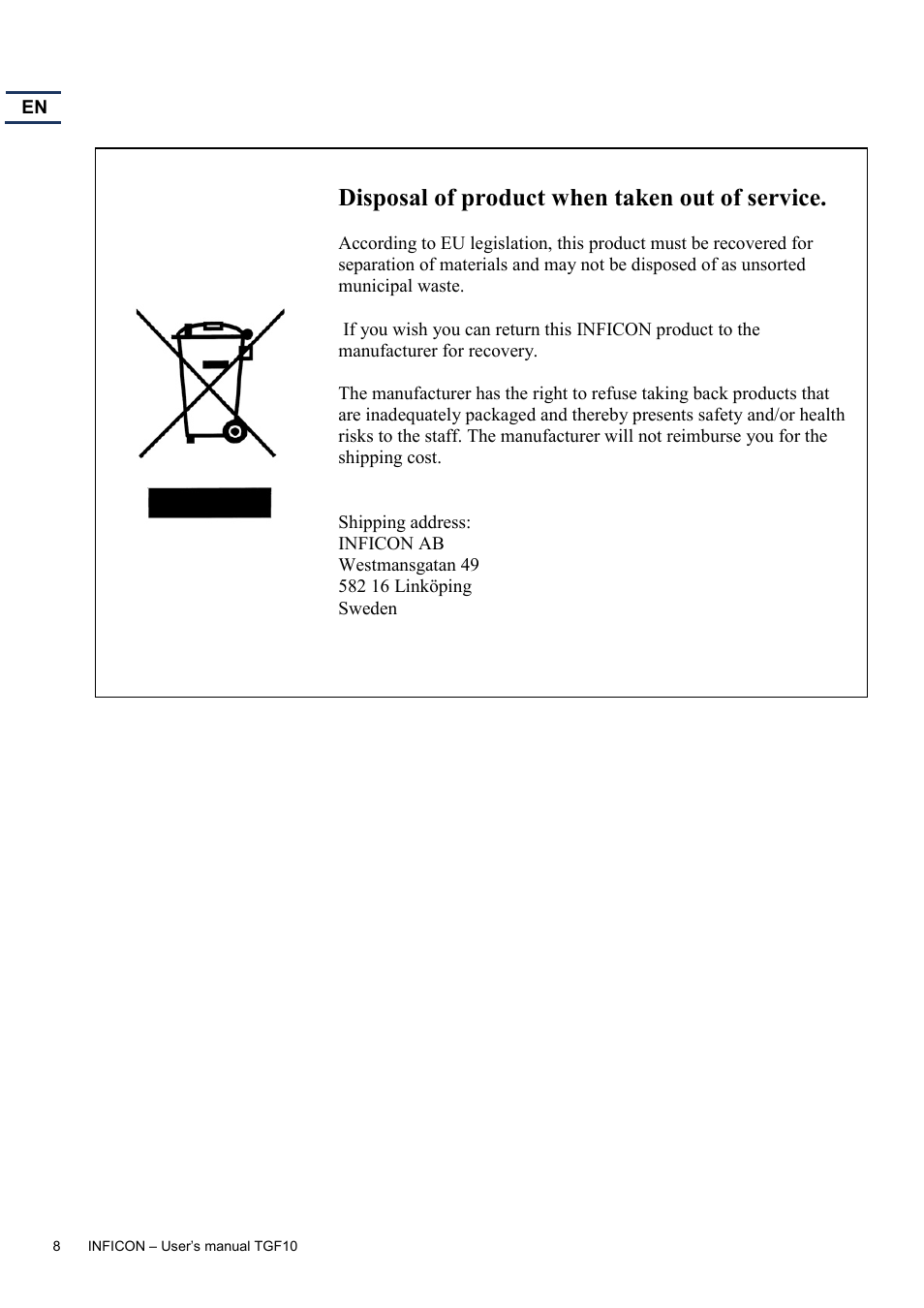 Disposal of product when taken out of service | INFICON TGF10 Tracer Gas Filler User Manual | Page 10 / 36