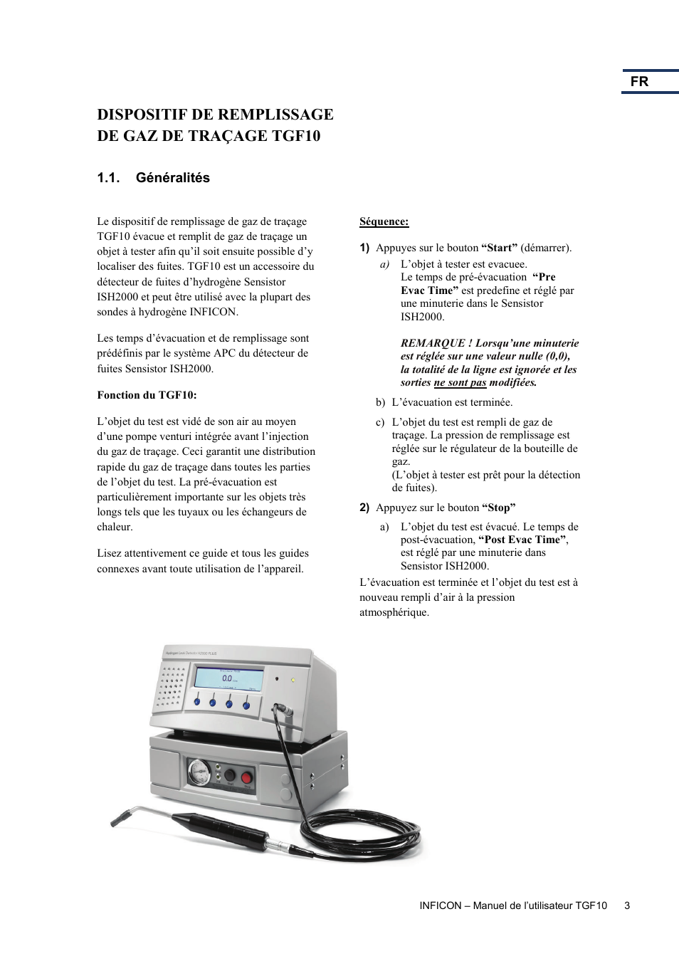 Généralités, Dispositif de remplissage de gaz de traçage tgf10 | INFICON TGF10 Tracer Gas Filler User Manual | Page 13 / 36