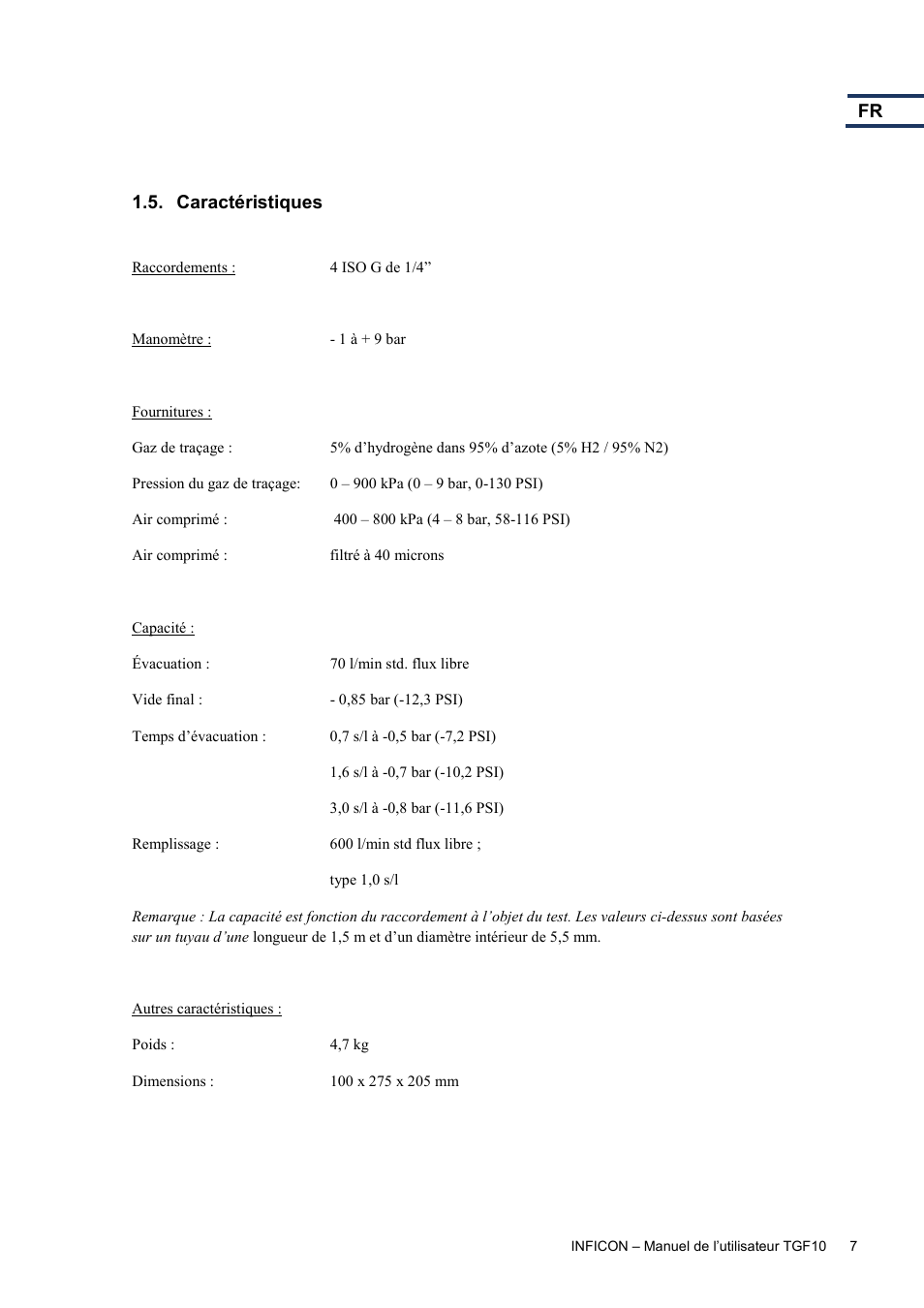 Caractéristiques | INFICON TGF10 Tracer Gas Filler User Manual | Page 17 / 36