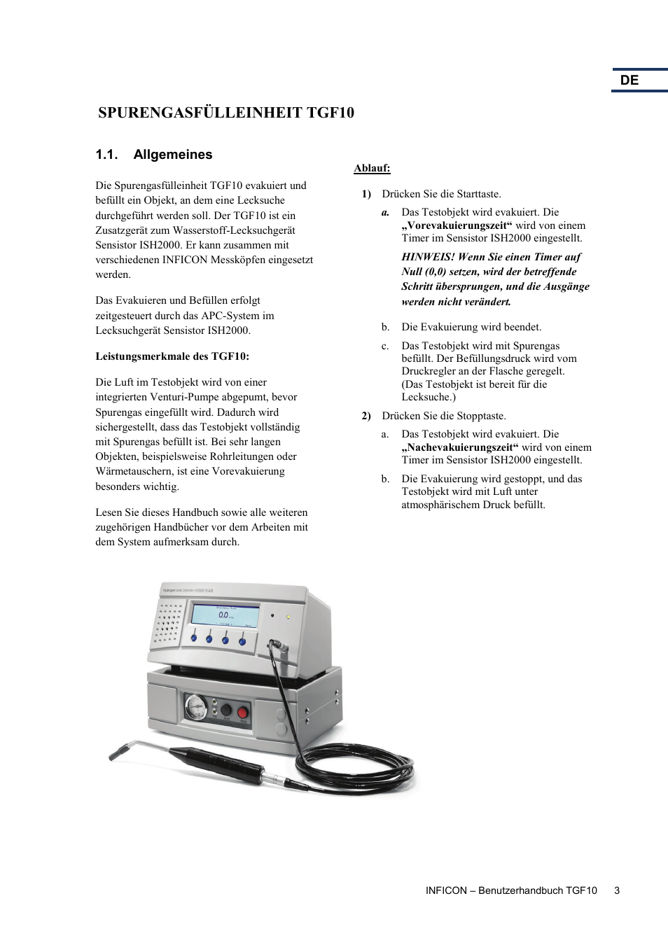 Allgemeines, Spurengasfülleinheit tgf10 | INFICON TGF10 Tracer Gas Filler User Manual | Page 21 / 36