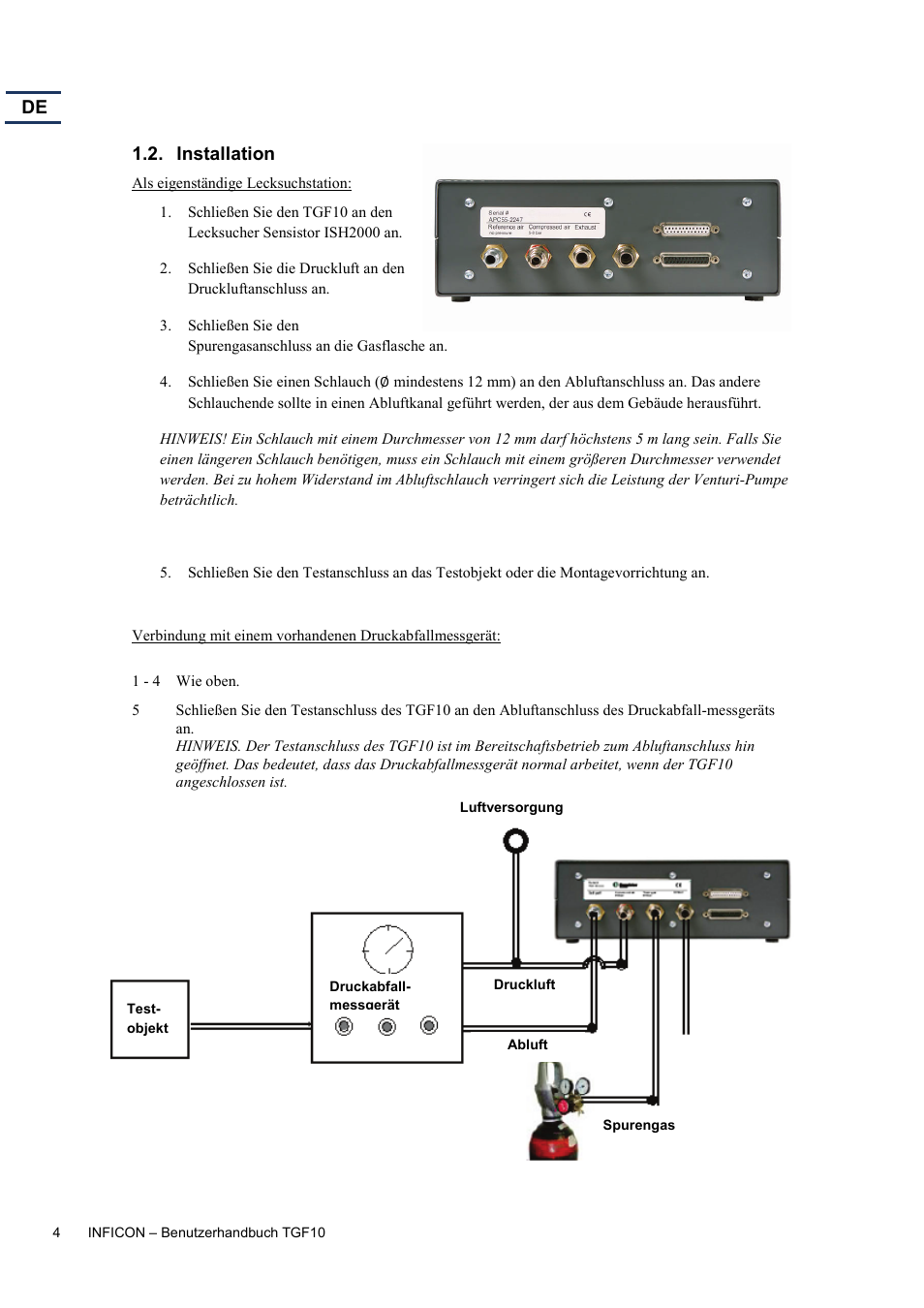Installation | INFICON TGF10 Tracer Gas Filler User Manual | Page 22 / 36
