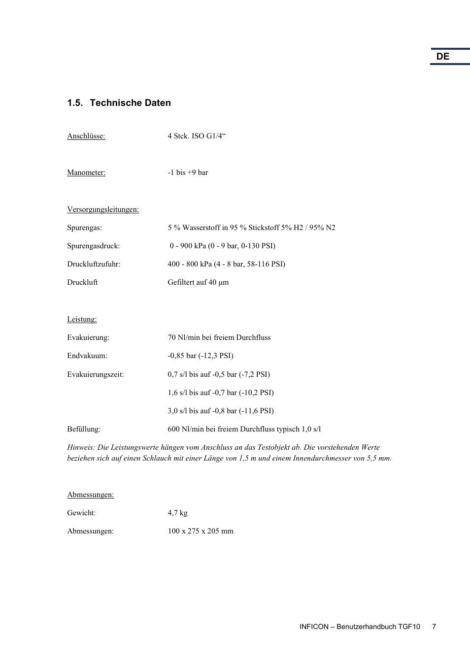 Technische daten | INFICON TGF10 Tracer Gas Filler User Manual | Page 25 / 36