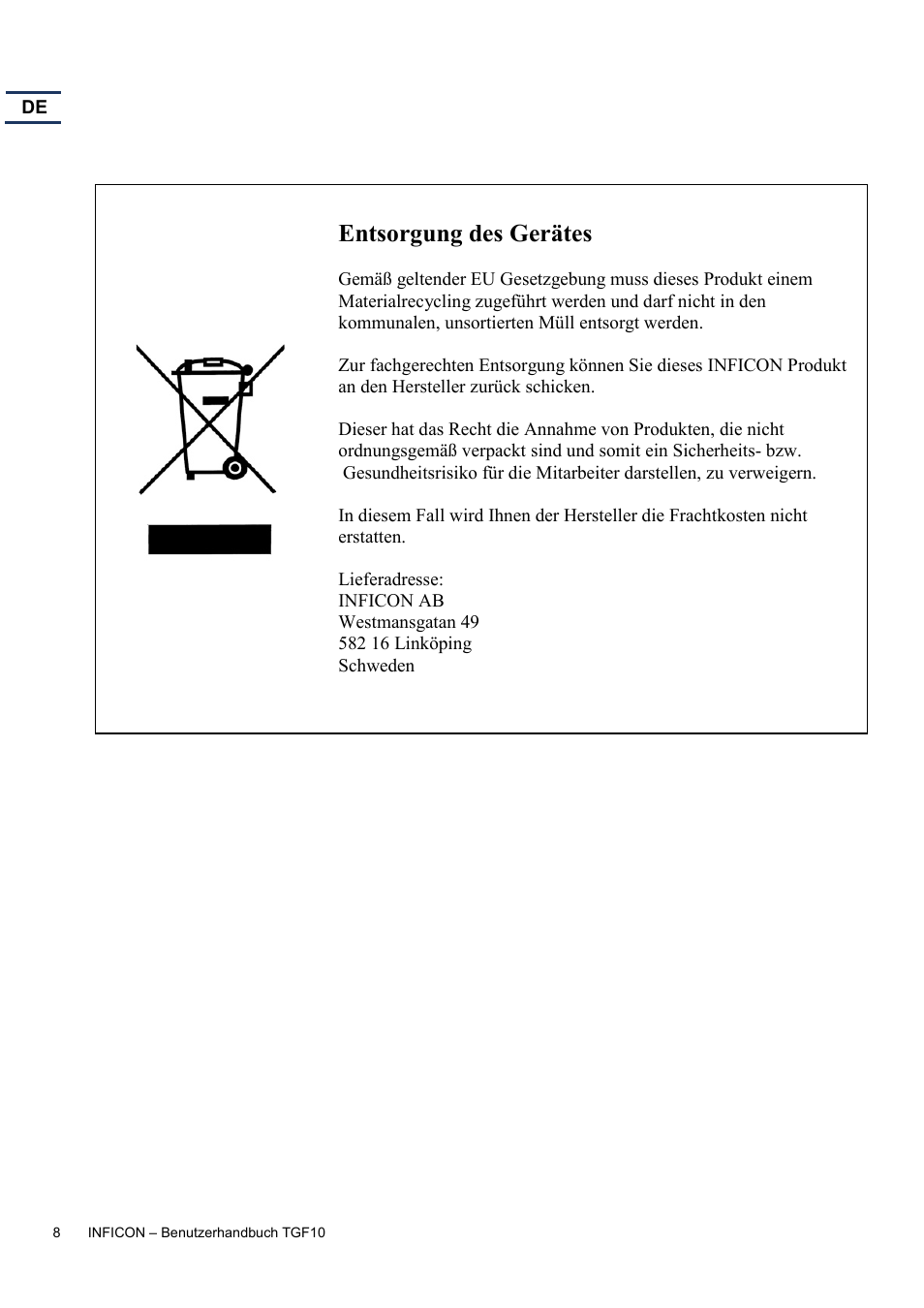 Entsorgung des gerätes | INFICON TGF10 Tracer Gas Filler User Manual | Page 26 / 36