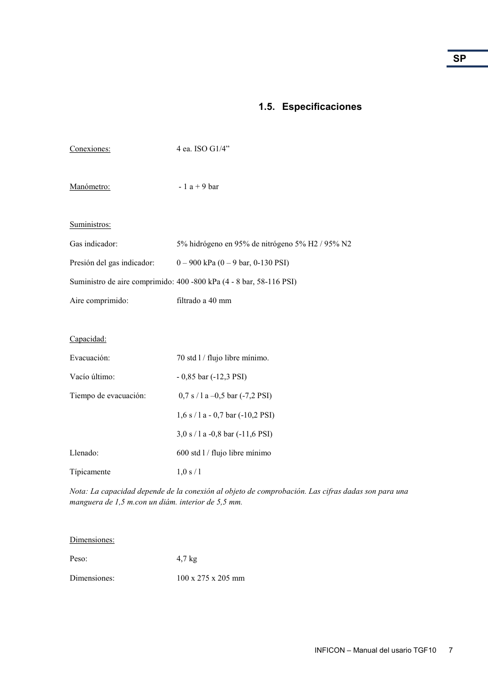 Especificaciones | INFICON TGF10 Tracer Gas Filler User Manual | Page 33 / 36