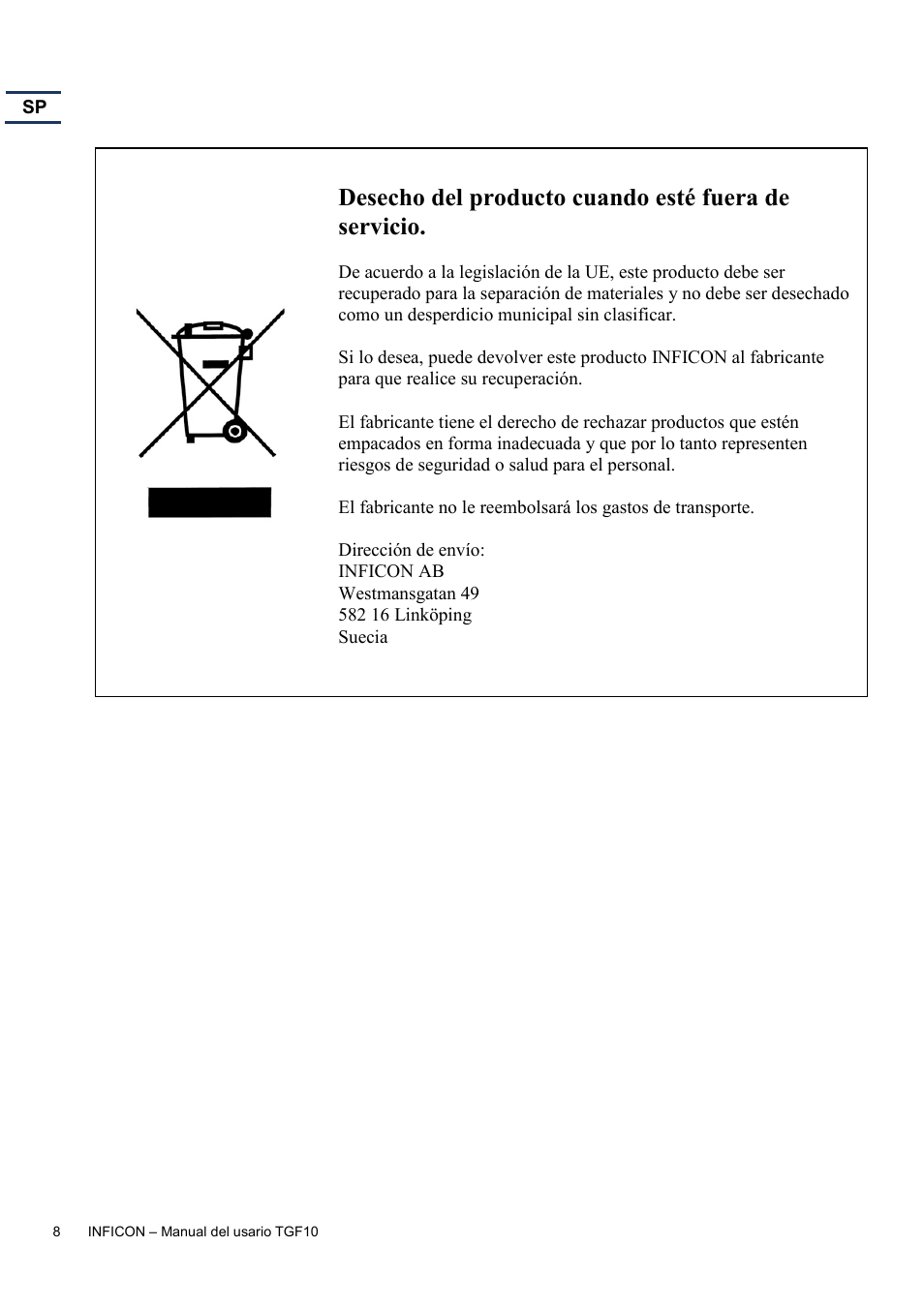 Desecho del producto cuando esté fuera de servicio | INFICON TGF10 Tracer Gas Filler User Manual | Page 34 / 36