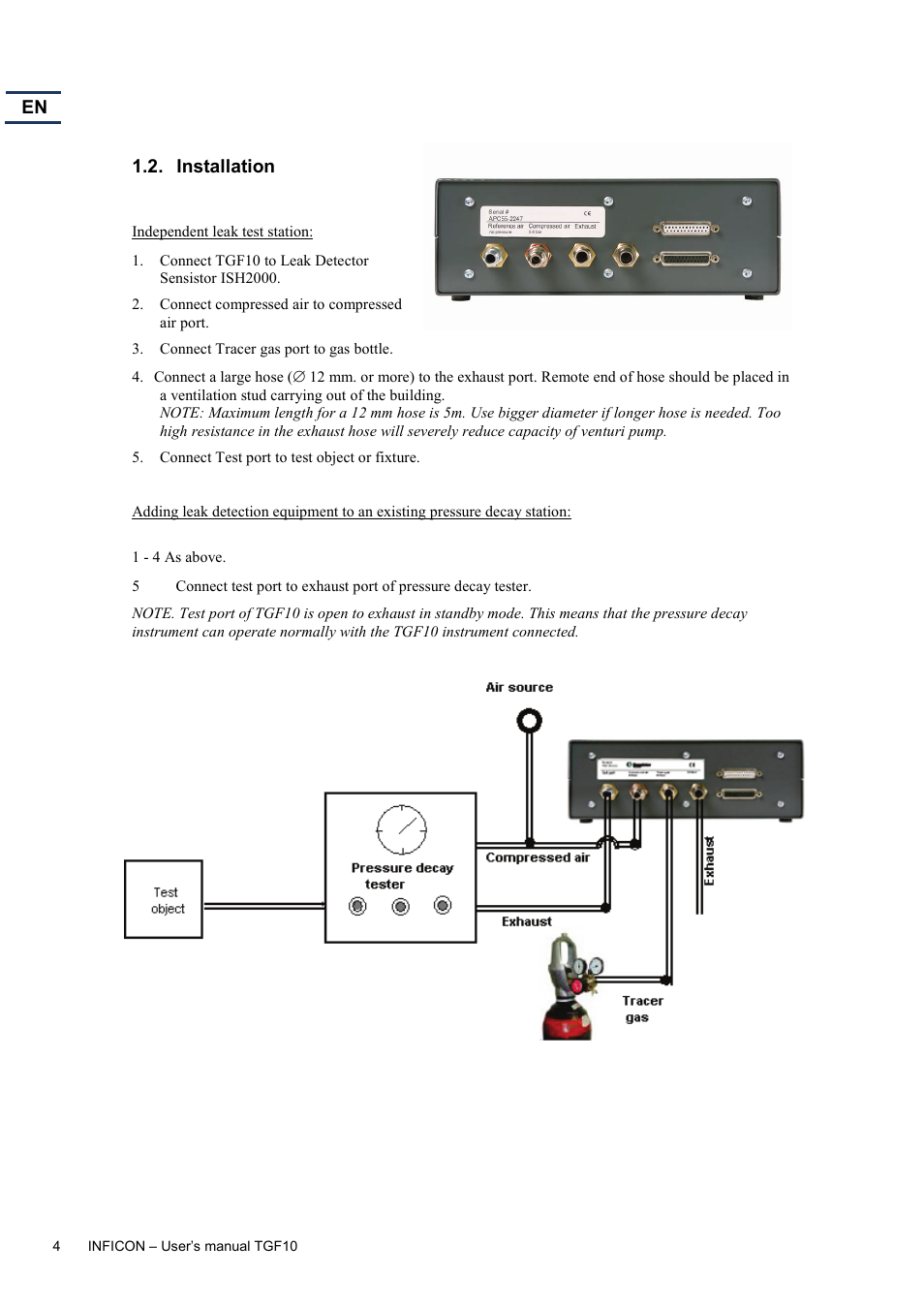 Installation | INFICON TGF10 Tracer Gas Filler User Manual | Page 6 / 36