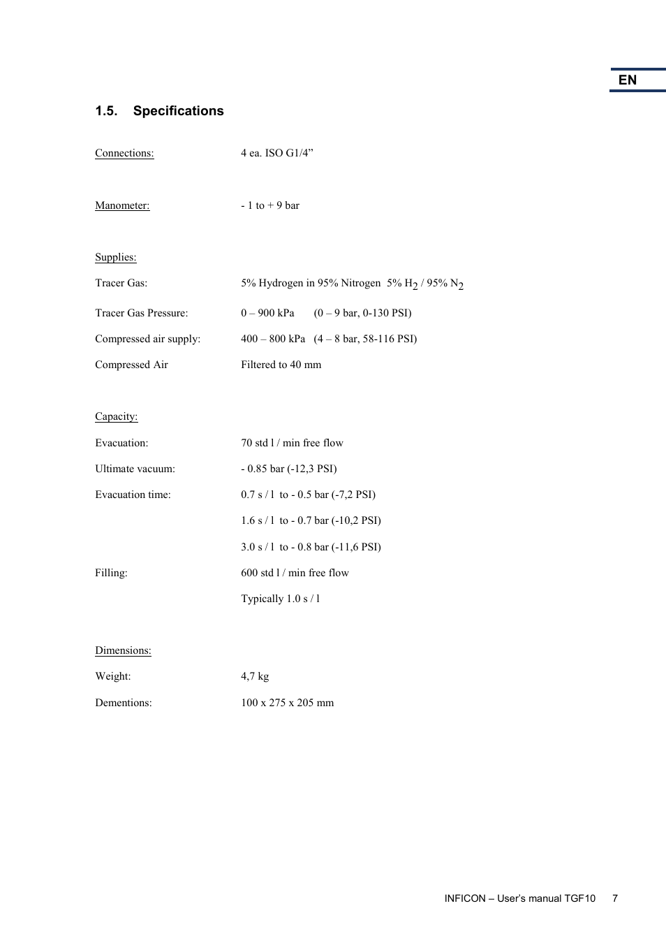 Specifications | INFICON TGF10 Tracer Gas Filler User Manual | Page 9 / 36