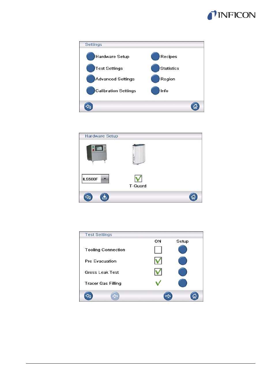 Settings, Hardware setup, Test settings | INFICON Sensistor ILS500F Leak Detection System User Manual | Page 31 / 90
