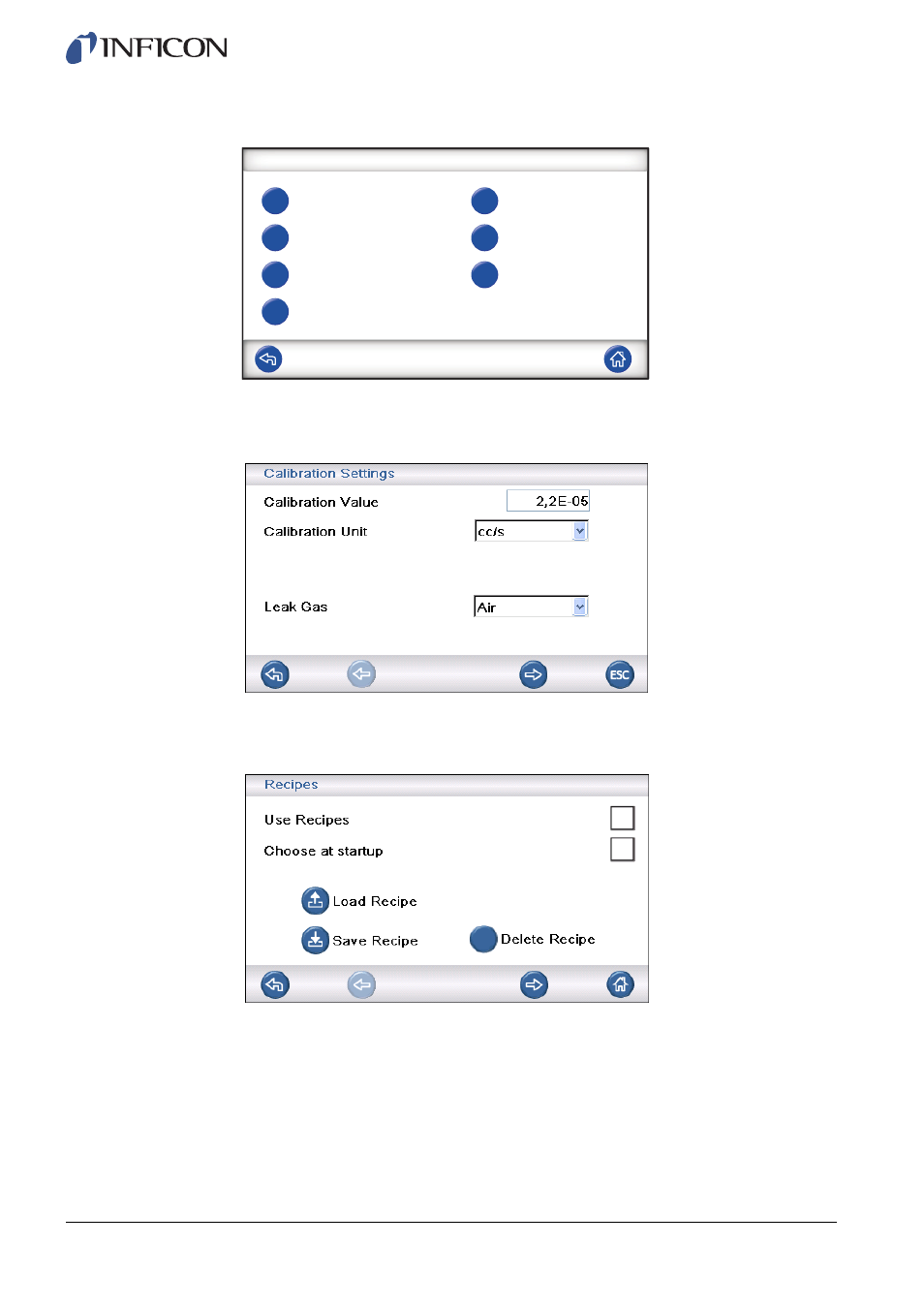 Advanced settings, Calibration settings, Recipes | INFICON Sensistor ILS500F Leak Detection System User Manual | Page 32 / 90