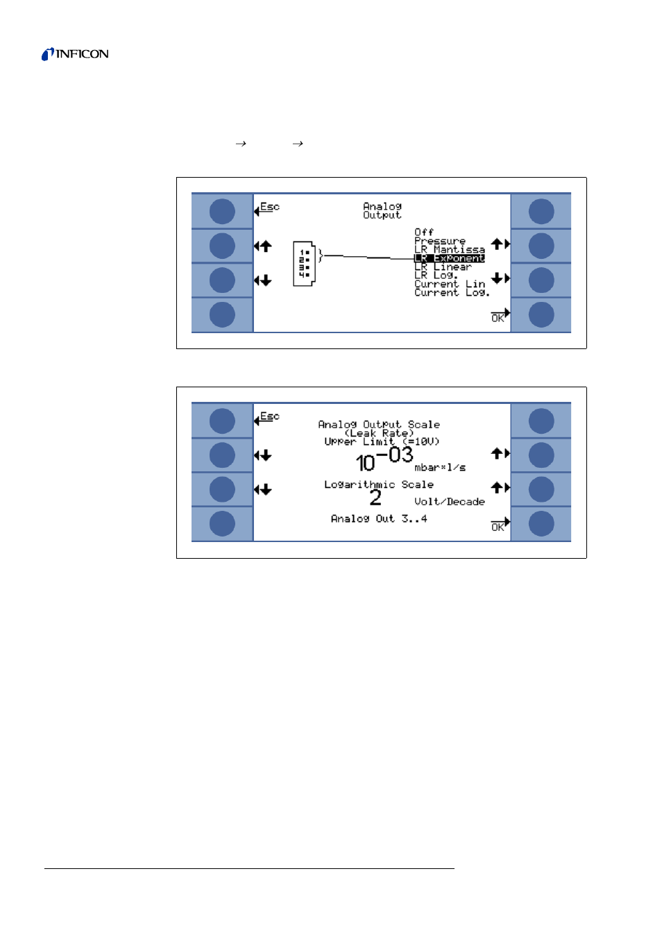 6 configuring analog output, Configuring analog output, Exponent = (voltage x 2) -14 | INFICON T-Guard Leak Detection Sensor User Manual | Page 54 / 85