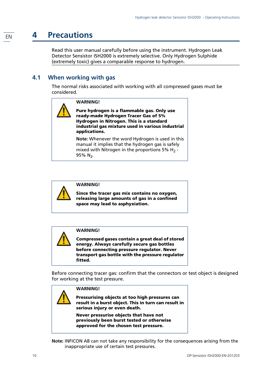 4 precautions, 1 when working with gas, Precautions | When working with gas, 4precautions | INFICON Sensistor ISH2000P Hydrogen Leak Detector, Panel Model User Manual | Page 12 / 51