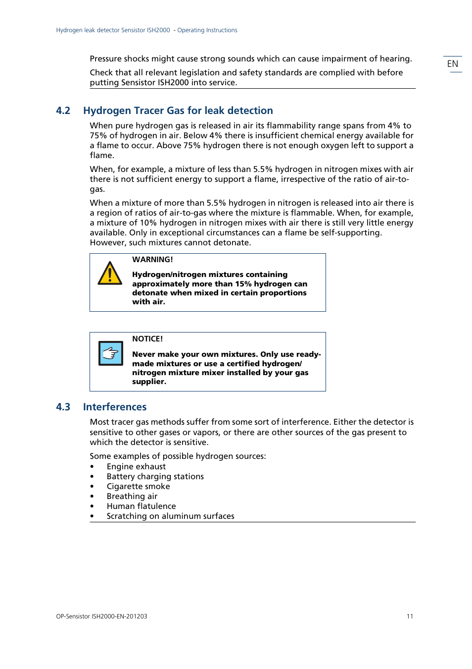 2 hydrogen tracer gas for leak detection, 3 interferences, Hydrogen tracer gas for leak detection | Interferences | INFICON Sensistor ISH2000P Hydrogen Leak Detector, Panel Model User Manual | Page 13 / 51