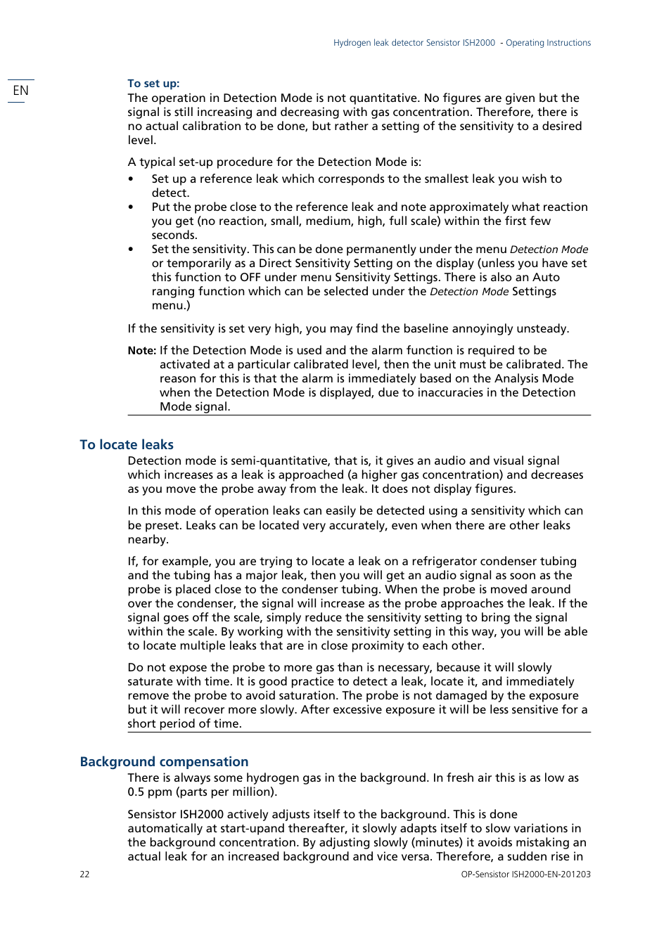 Background compensation | INFICON Sensistor ISH2000P Hydrogen Leak Detector, Panel Model User Manual | Page 24 / 51