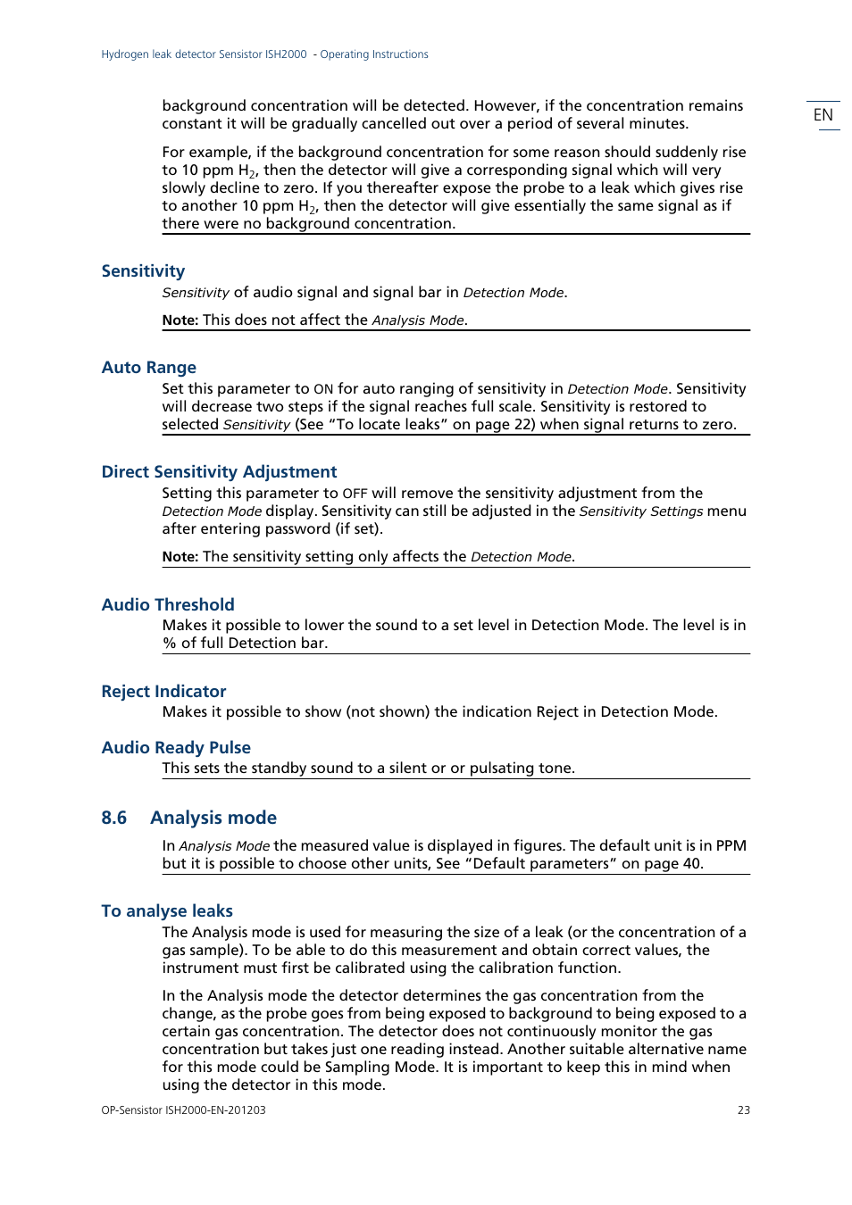 6 analysis mode, Analysis mode | INFICON Sensistor ISH2000P Hydrogen Leak Detector, Panel Model User Manual | Page 25 / 51