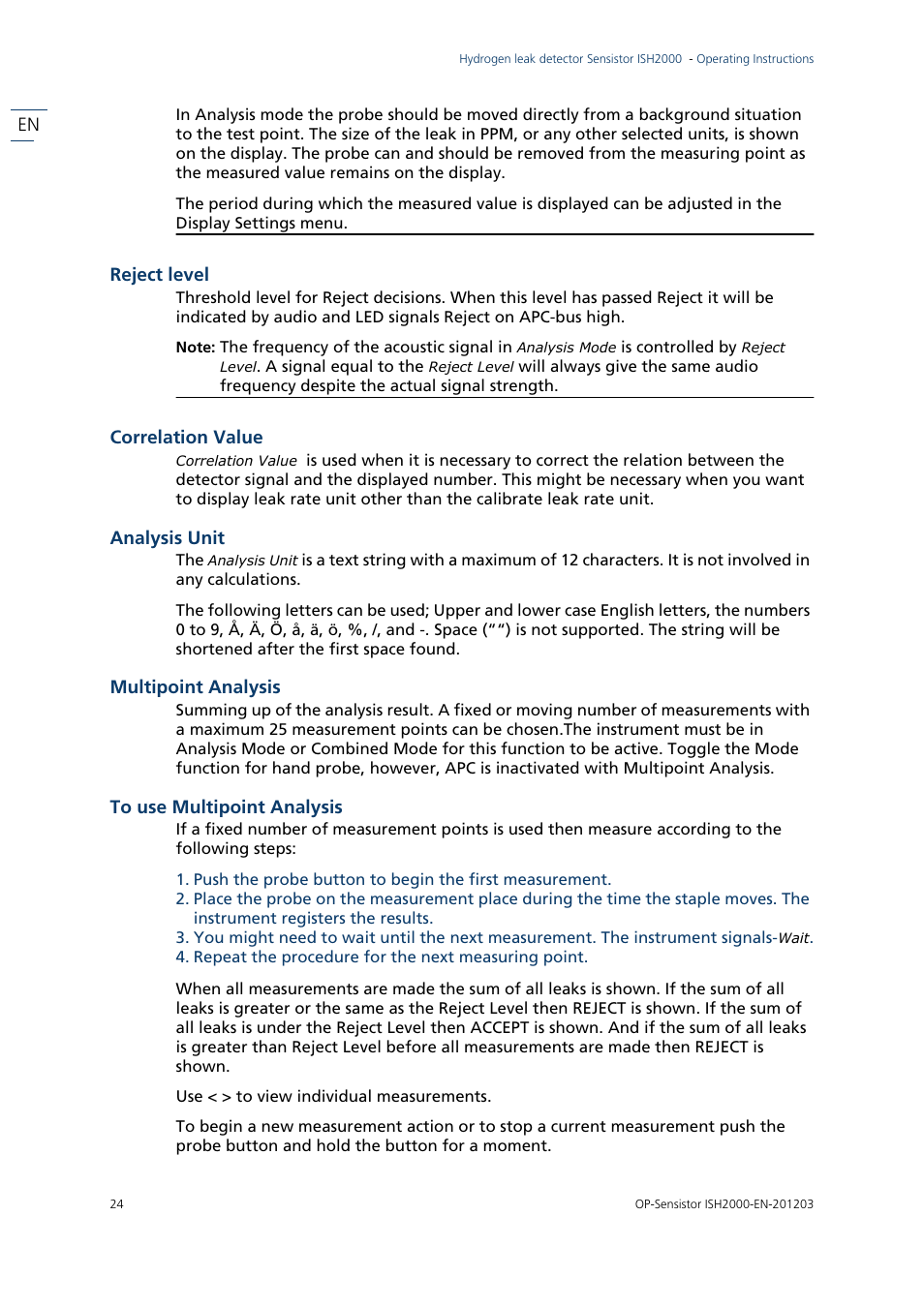 INFICON Sensistor ISH2000P Hydrogen Leak Detector, Panel Model User Manual | Page 26 / 51