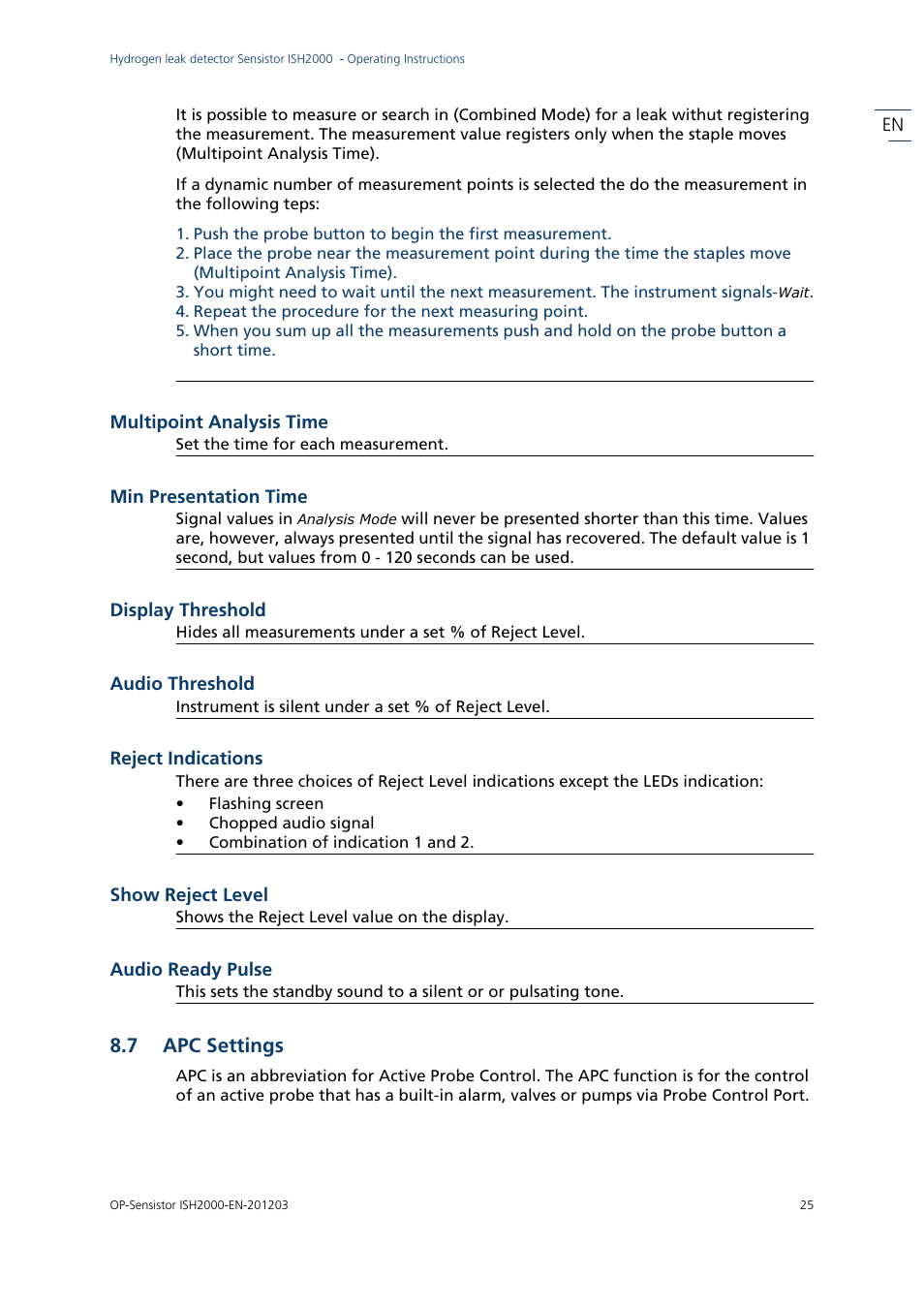 7 apc settings, Apc settings | INFICON Sensistor ISH2000P Hydrogen Leak Detector, Panel Model User Manual | Page 27 / 51